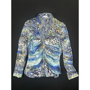 Vintage Y2K Cache 96% Silk Ruched Blouse Blue Animal Print Large